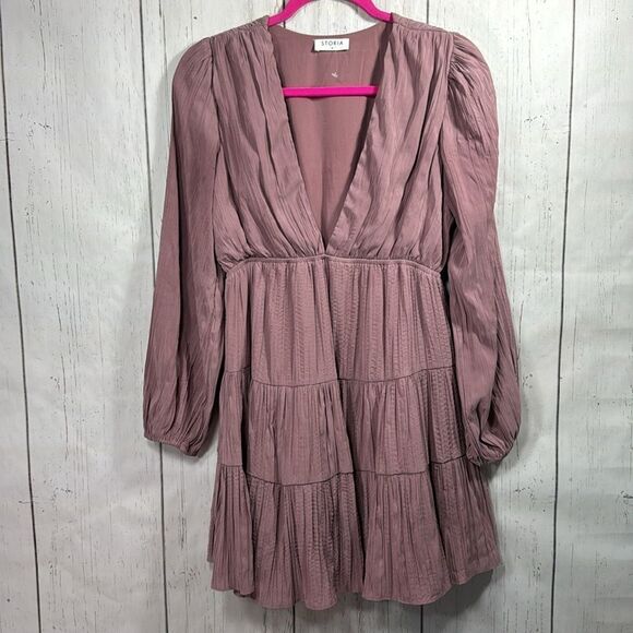 Storia Mauve Boho Tiered Mini Dress Long Sleeve Deep V Cottagecore Romantic - Picture 5 of 14